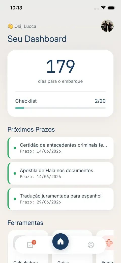Dashboard com contagem para o embarque